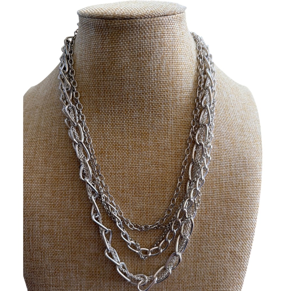 Silver Tone Multi Strand Tiered Chain Statement Necklace Adjustable EdgyLayer